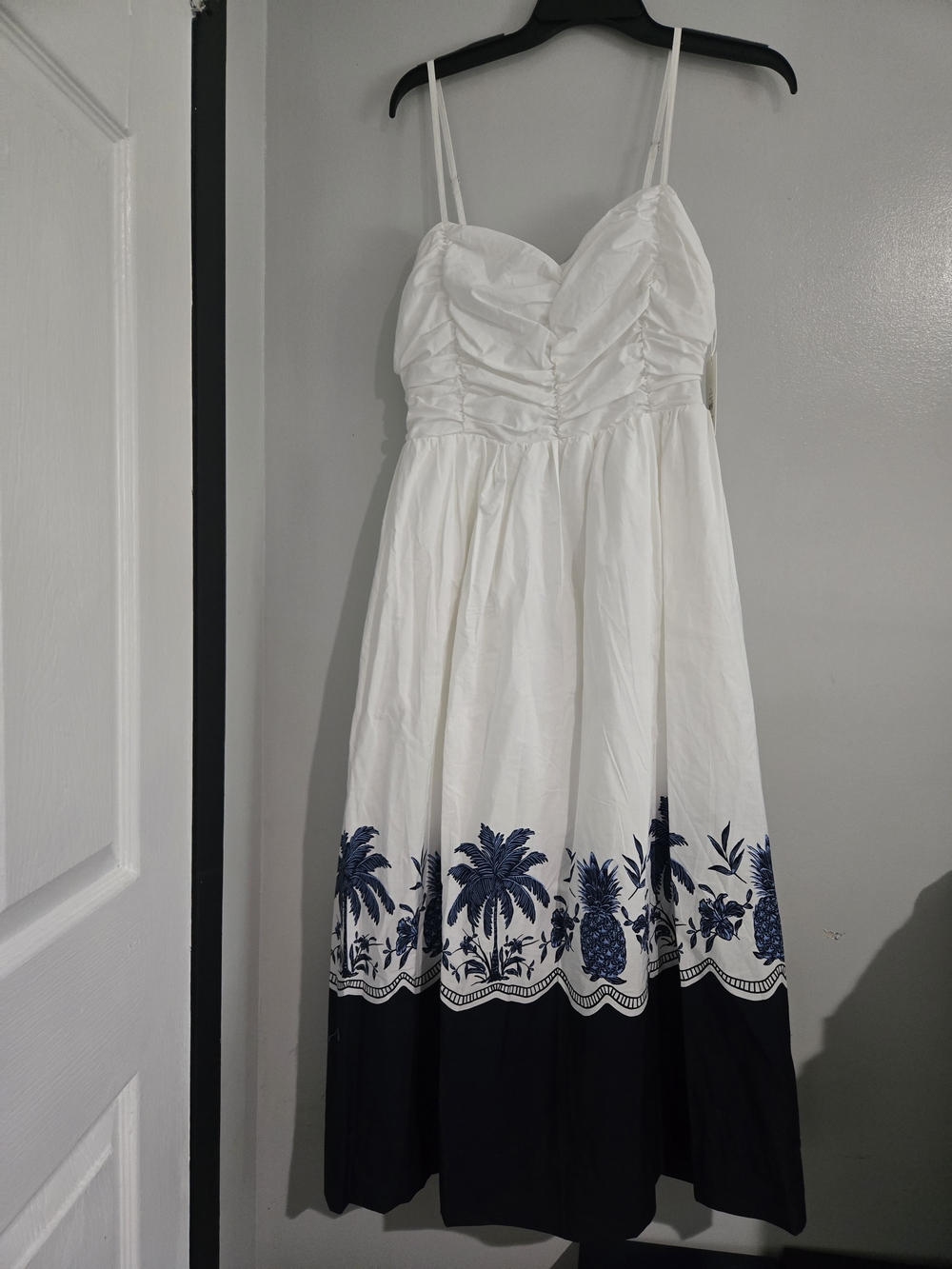 White Midi Sundress with Navy Tropical Border - Brand Unknown